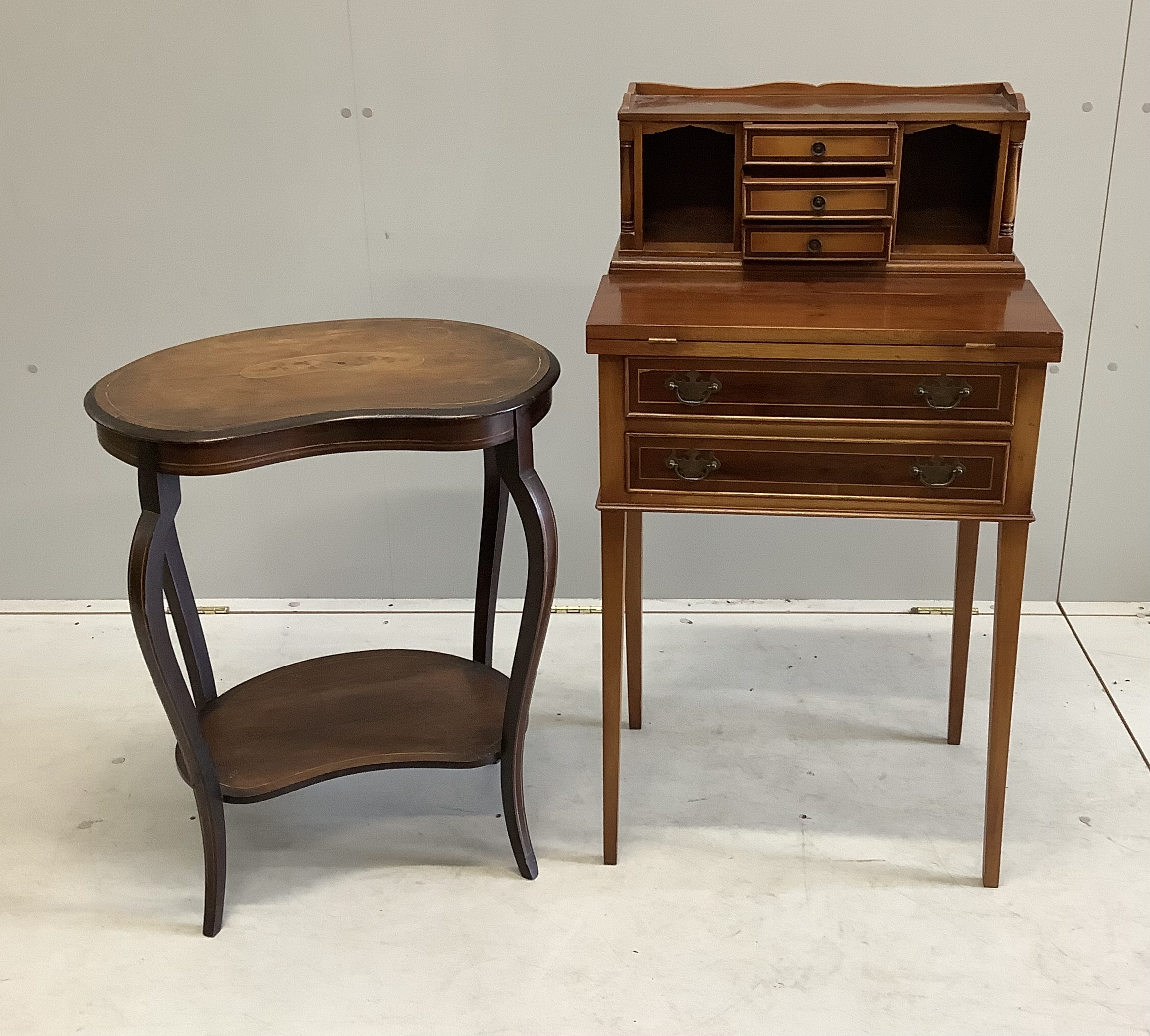 A reproduction yew bonheur du jour, width 54cm, depth 38cm, height 100cm, together with an Edwardian rosewood inlaid kidney shaped occasional table